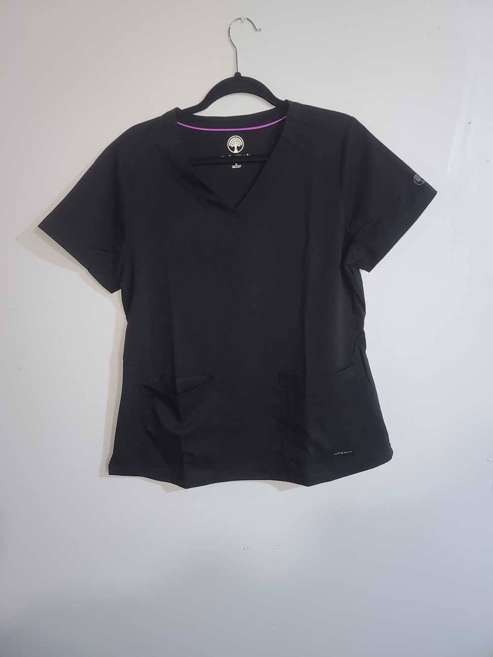 healing hands Black V-Neck Short Sleeve Scrub Top